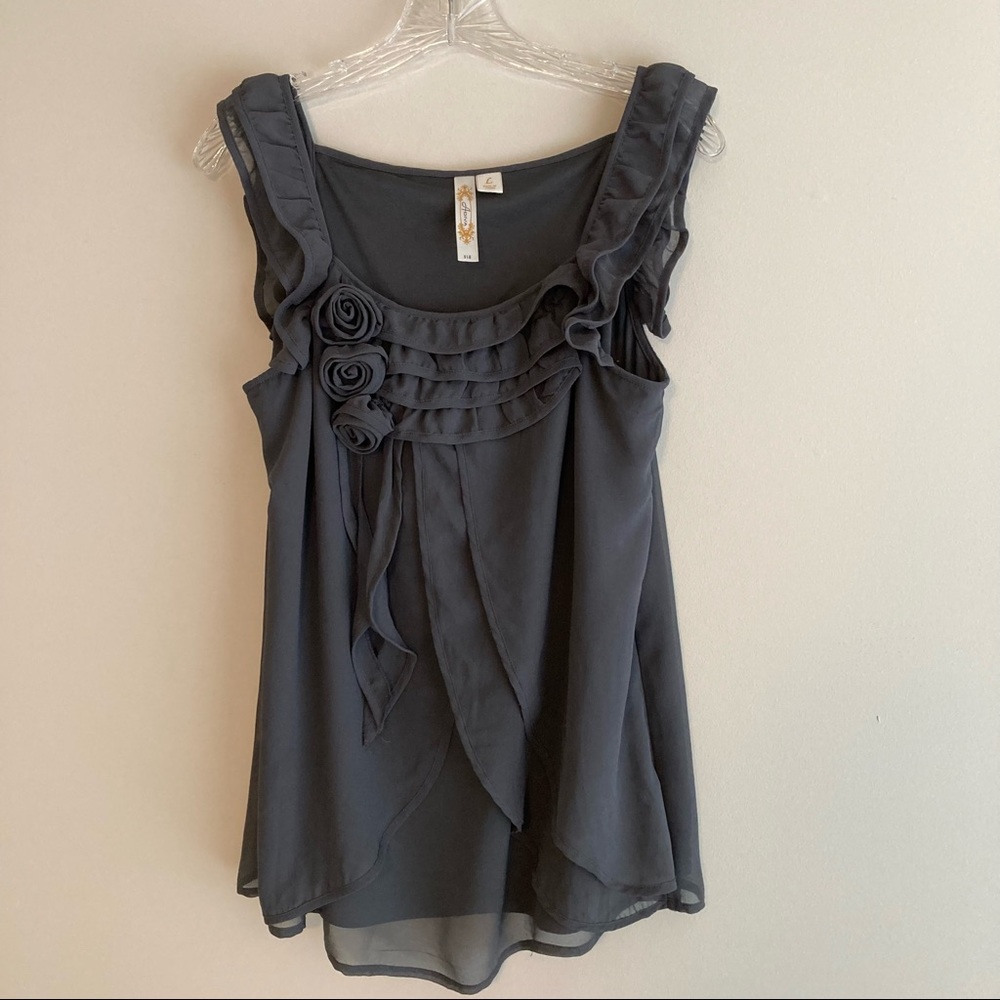 Adiva Sleeveless Ruffled Tank Blouse Gray Large
